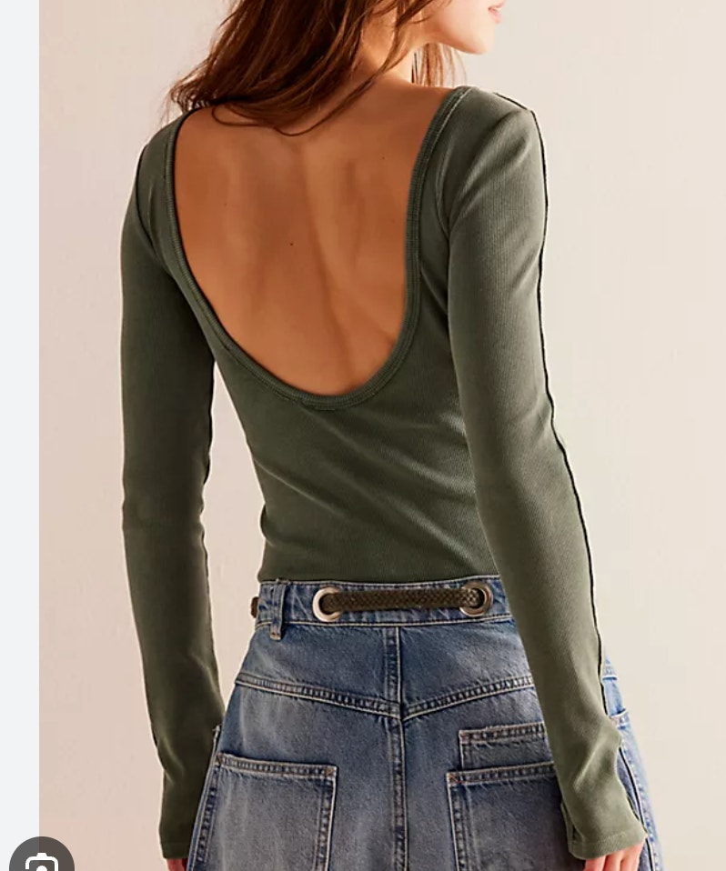 New Free People Unapologetic Long Sleeve Ribbed Tee Green Scoop Back S Top